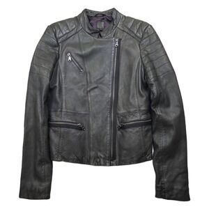 GAP Leather Moto Jacket Womens Medium Black Asymmetrical Zip Cafe Racer‎